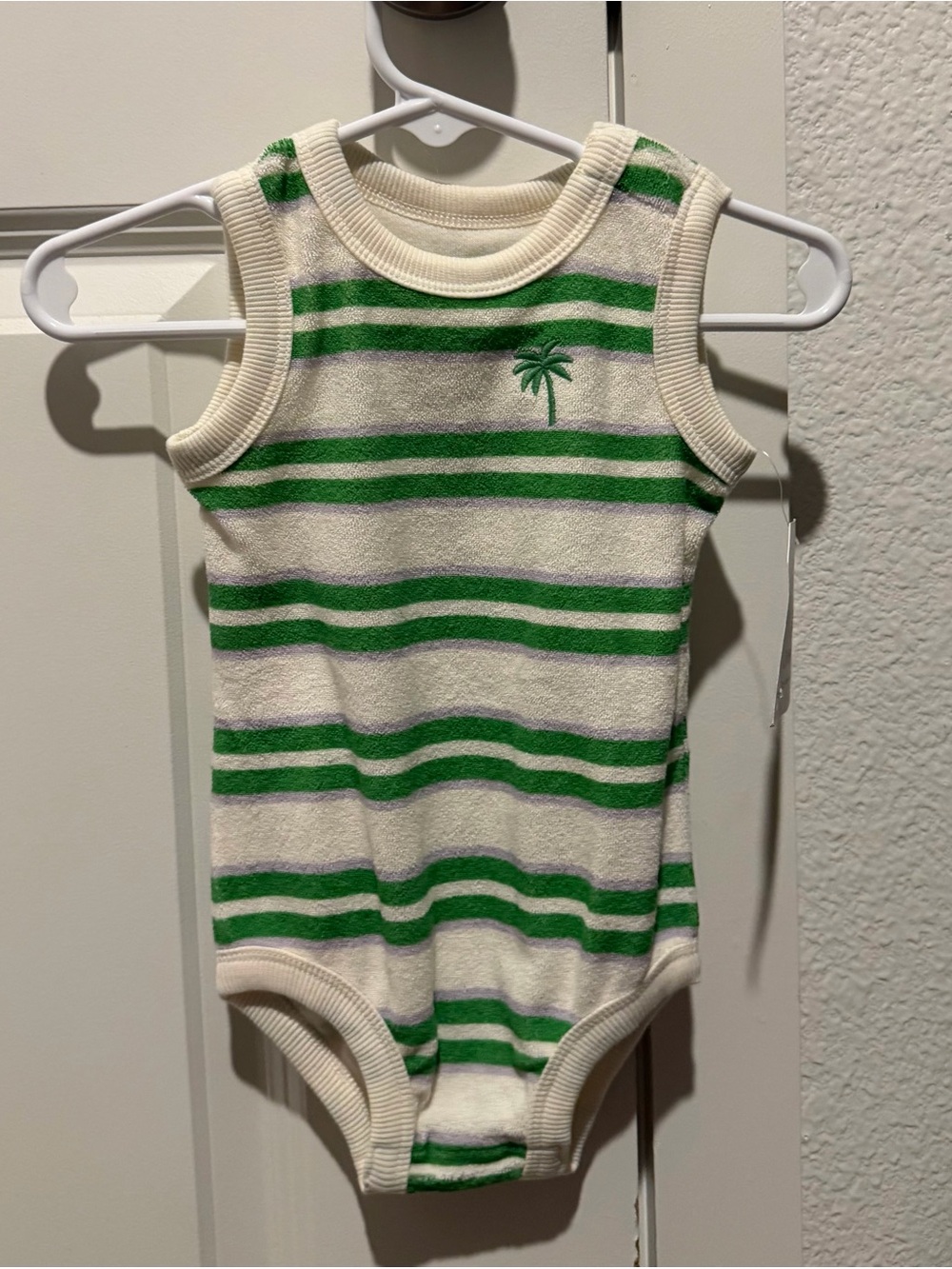 Striped Green & Cream Palm-Embroidered Kids One-Piece